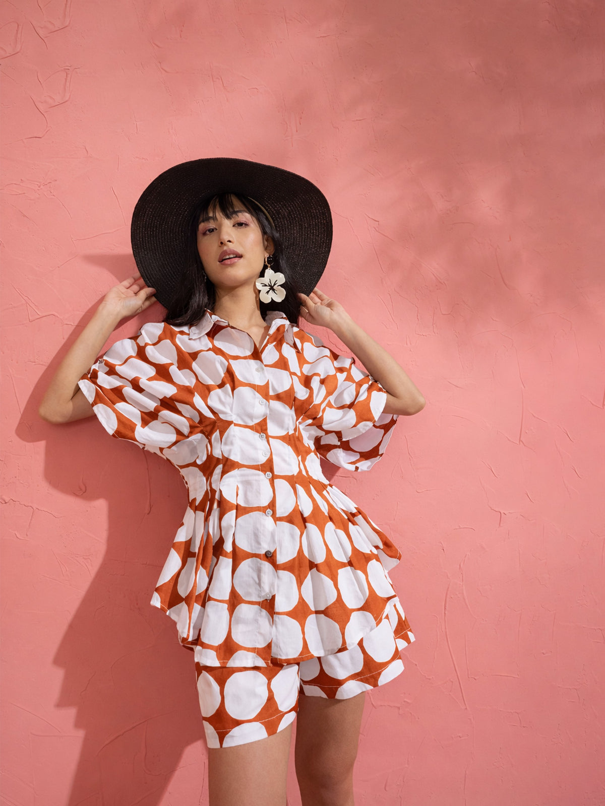 Brown Polka Dot Shirt with Shorts-Pink Paprika by SASSAFRAS