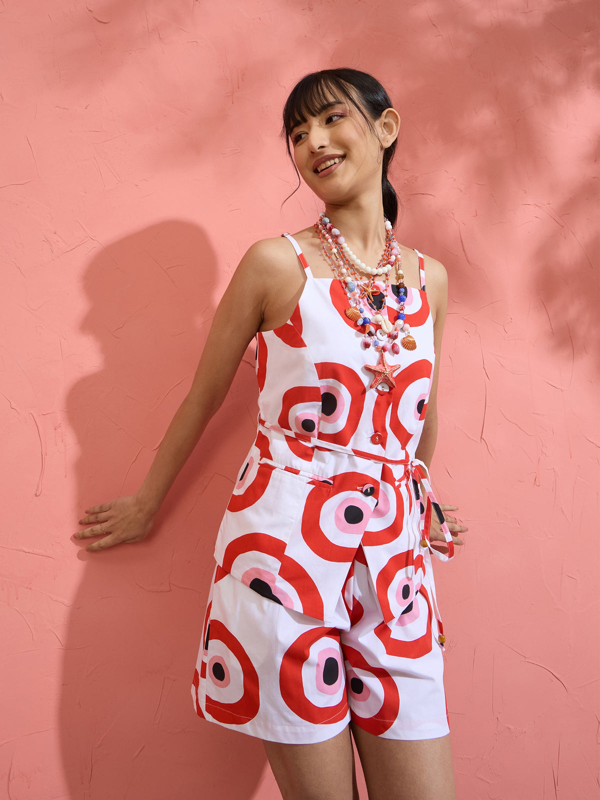 Red Evil Eye Print Vest Top With Shorts-Pink Paprika by SASSAFRAS