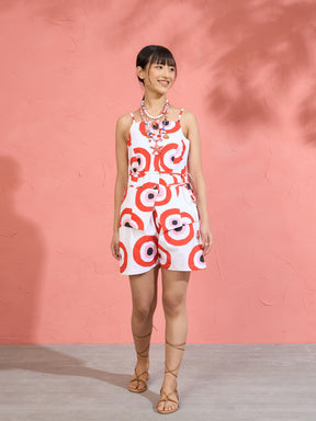 Women Red Evil Eye Print Vest Top With Shorts