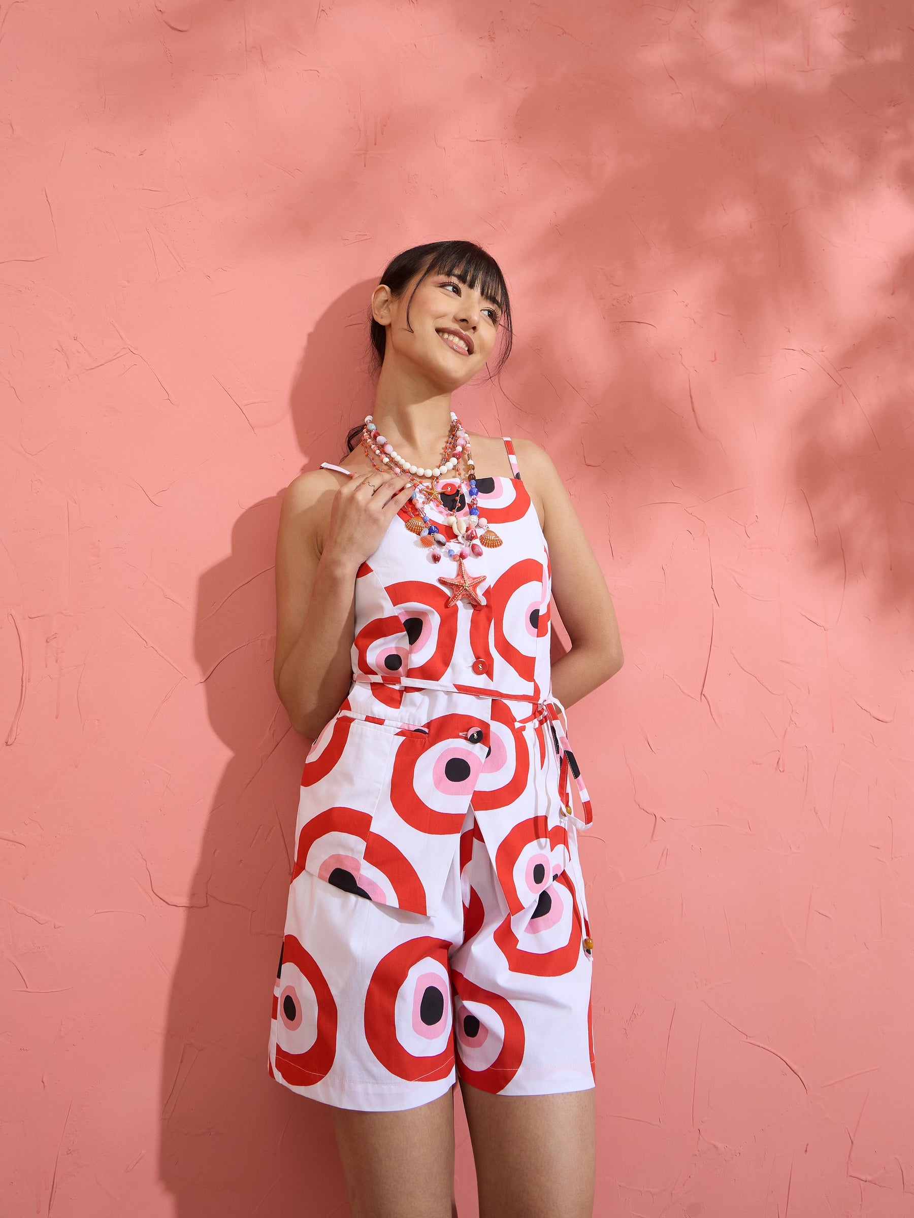 Women Red Evil Eye Print Vest Top With Shorts