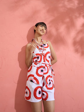 Women Red Evil Eye Print Vest Top With Shorts