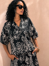 Black Poplin Floral Notch Collar Shirt With Shorts-Pink Paprika by SASSAFRAS