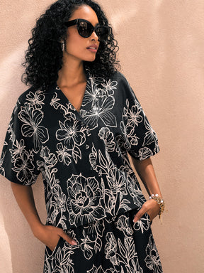 Black Poplin Floral Notch Collar Shirt With Shorts-Pink Paprika by SASSAFRAS