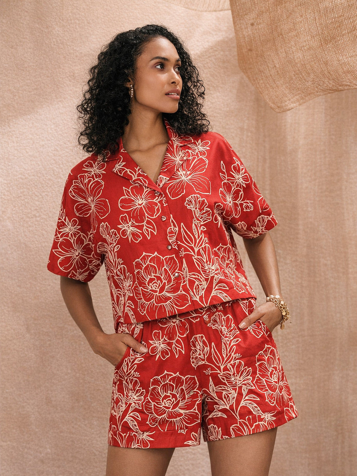 Red Poplin Floral Notch Collar Shirt With Shorts-Pink Paprika by SASSAFRAS