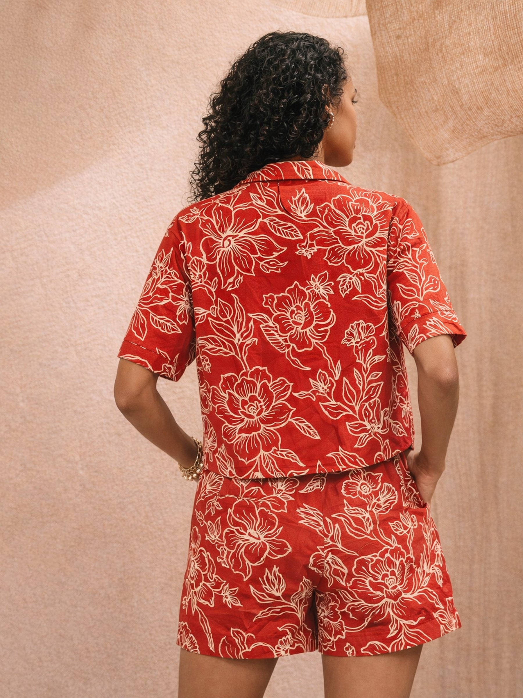 Red Poplin Floral Notch Collar Shirt With Shorts-Pink Paprika by SASSAFRAS