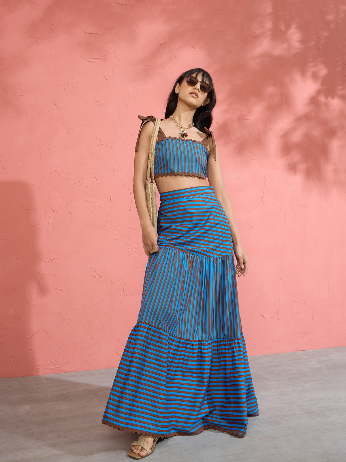 Blue & Brown Stripe Strappy Tube Top With Tiered Skirt-Pink Paprika by SASSAFRAS