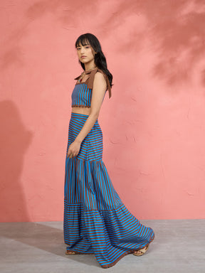 Blue & Brown Stripe Strappy Tube Top With Tiered Skirt-Pink Paprika by SASSAFRAS