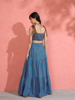 Women Blue & Brown Stripe Strappy Tube Top With Tiered Skirt