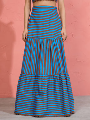 Women Blue & Brown Stripe Strappy Tube Top With Tiered Skirt