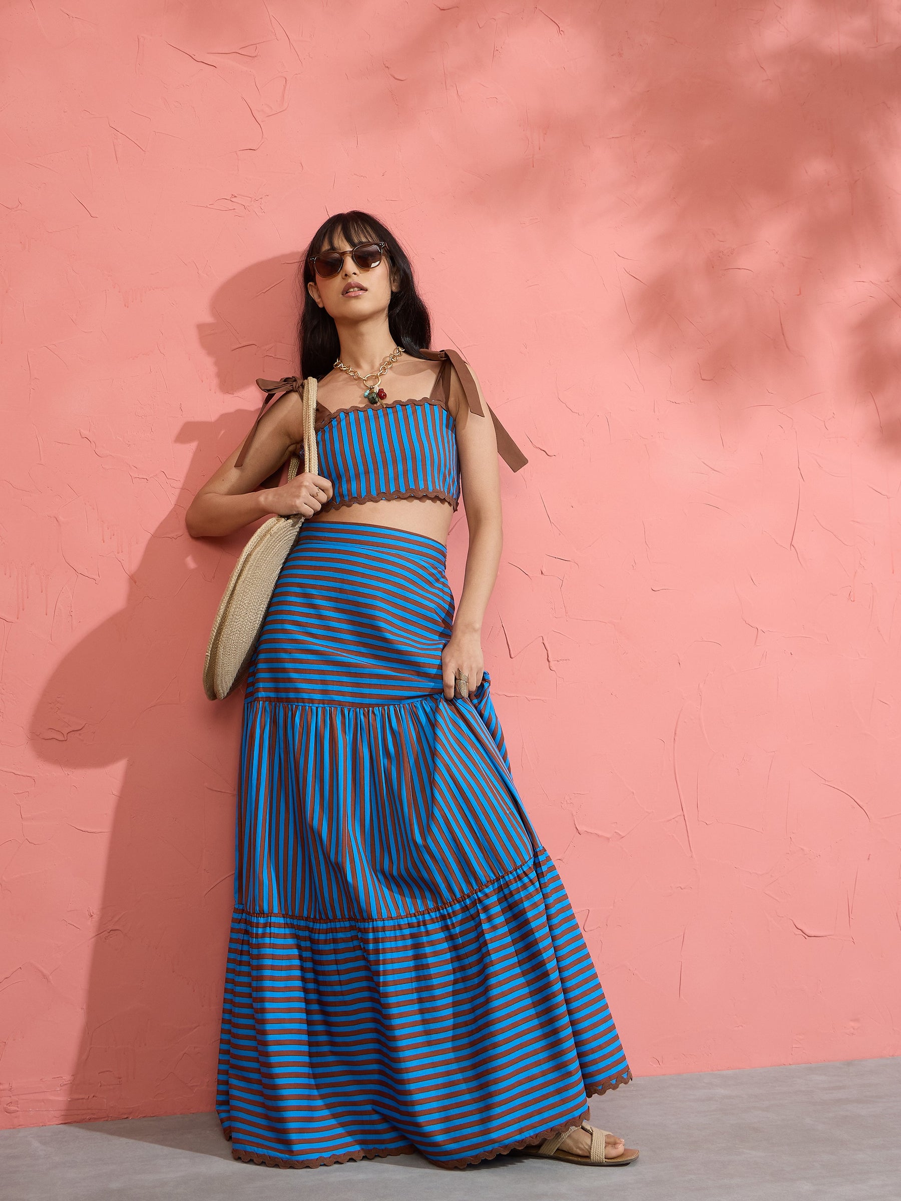 Women Blue & Brown Stripe Strappy Tube Top With Tiered Skirt