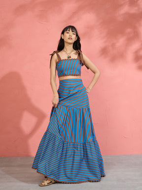 Women Blue & Brown Stripe Strappy Tube Top With Tiered Skirt