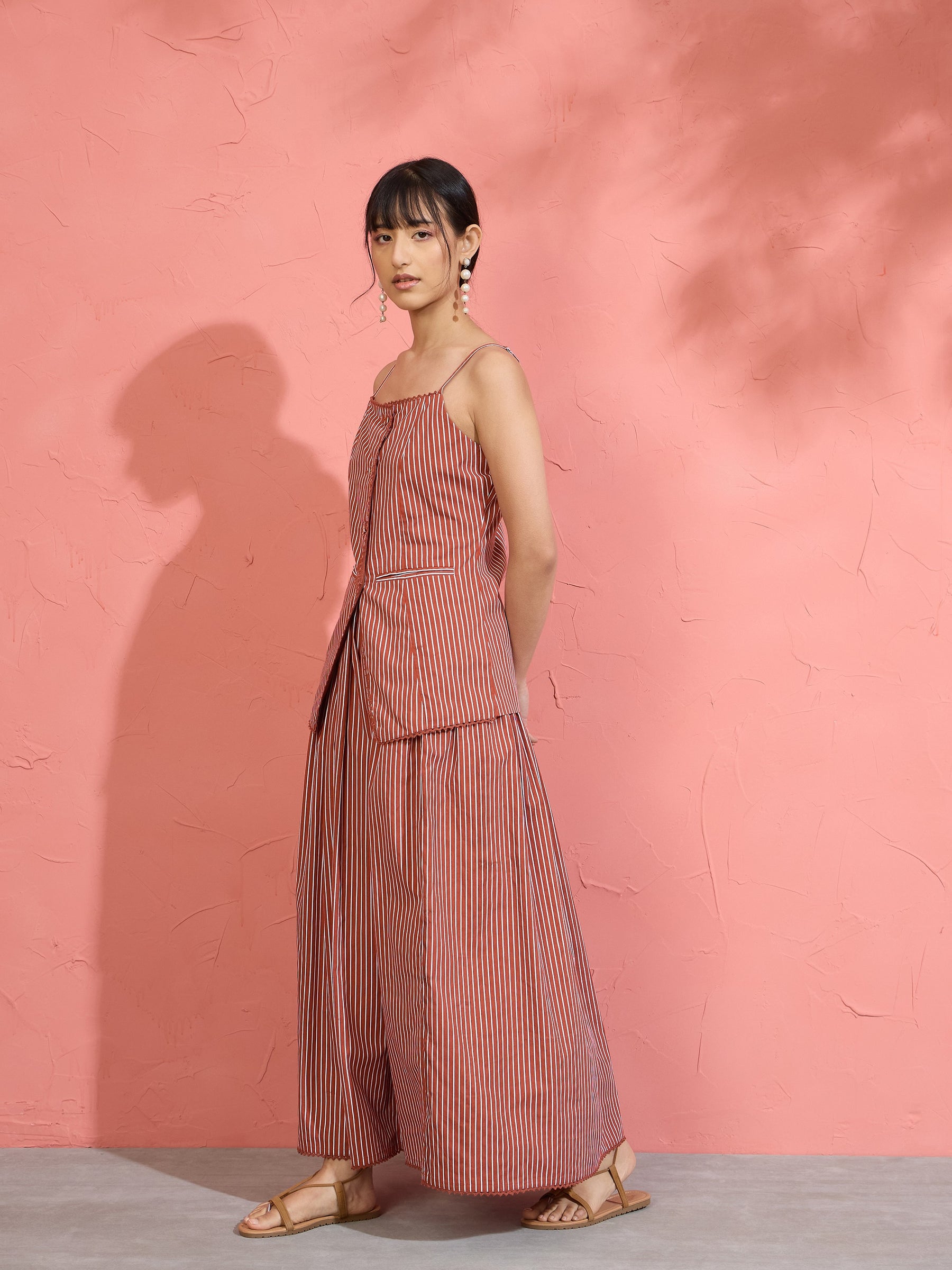 Brown Pin Stripe Strappy Vest Top With Gathered Skirt -Pink Paprika by SASSAFRAS