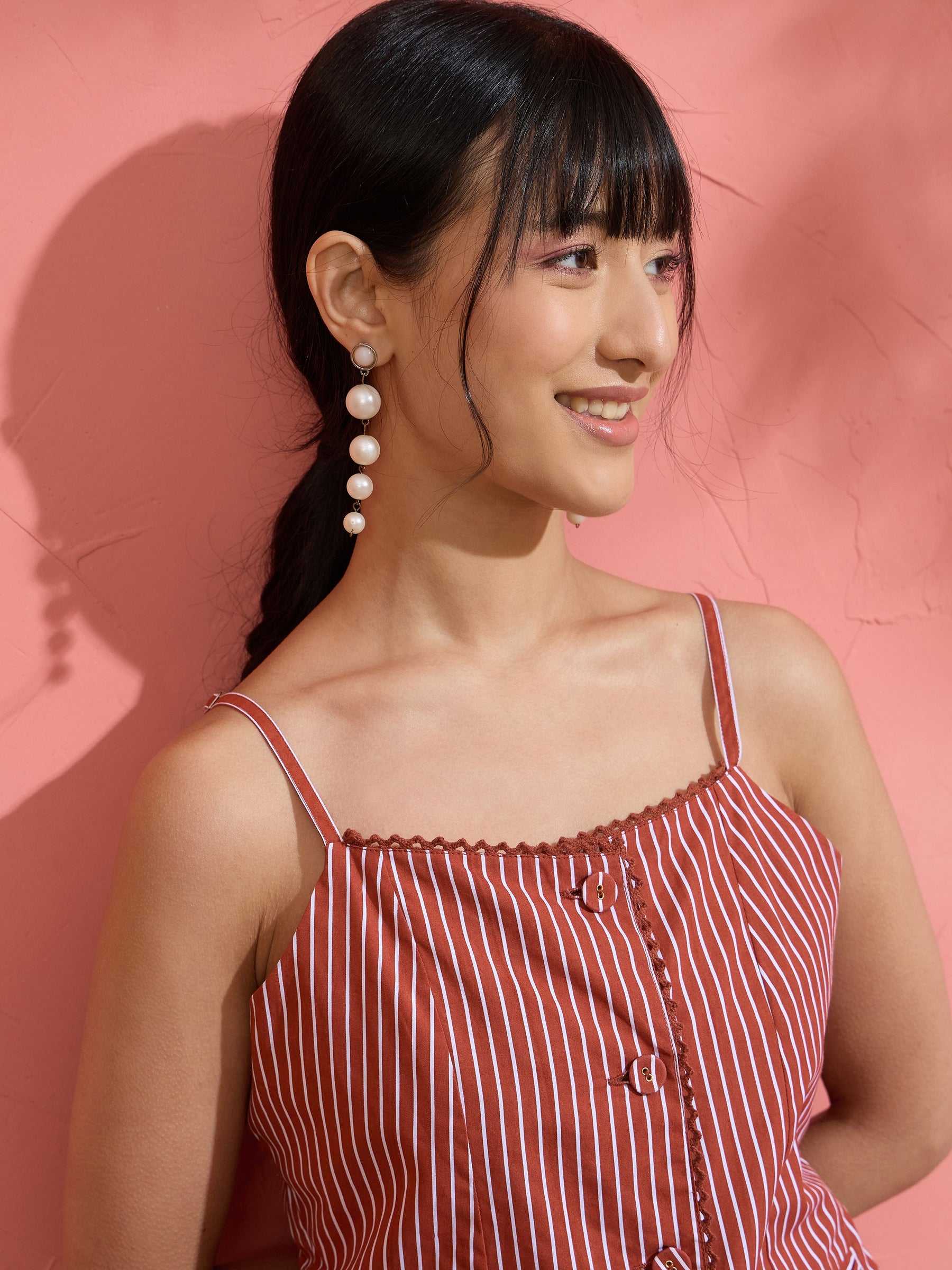 Brown Pin Stripe Strappy Vest Top With Gathered Skirt -Pink Paprika by SASSAFRAS