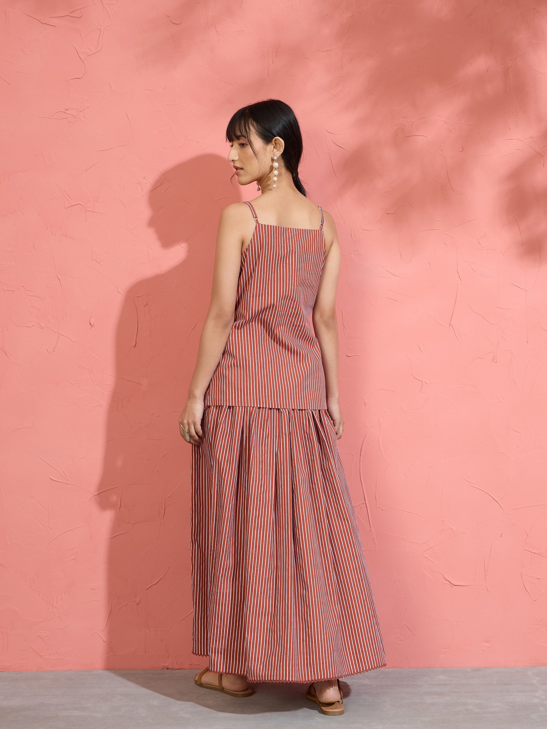 Women Brown Pin Stripe Strappy Vest Top With Gathered Skirt