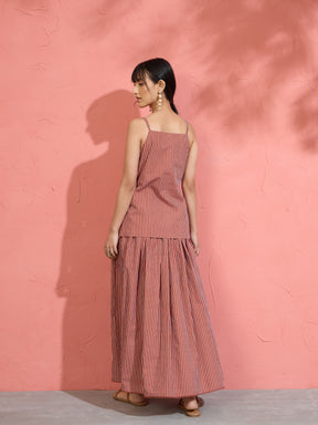 Women Brown Pin Stripe Strappy Vest Top With Gathered Skirt