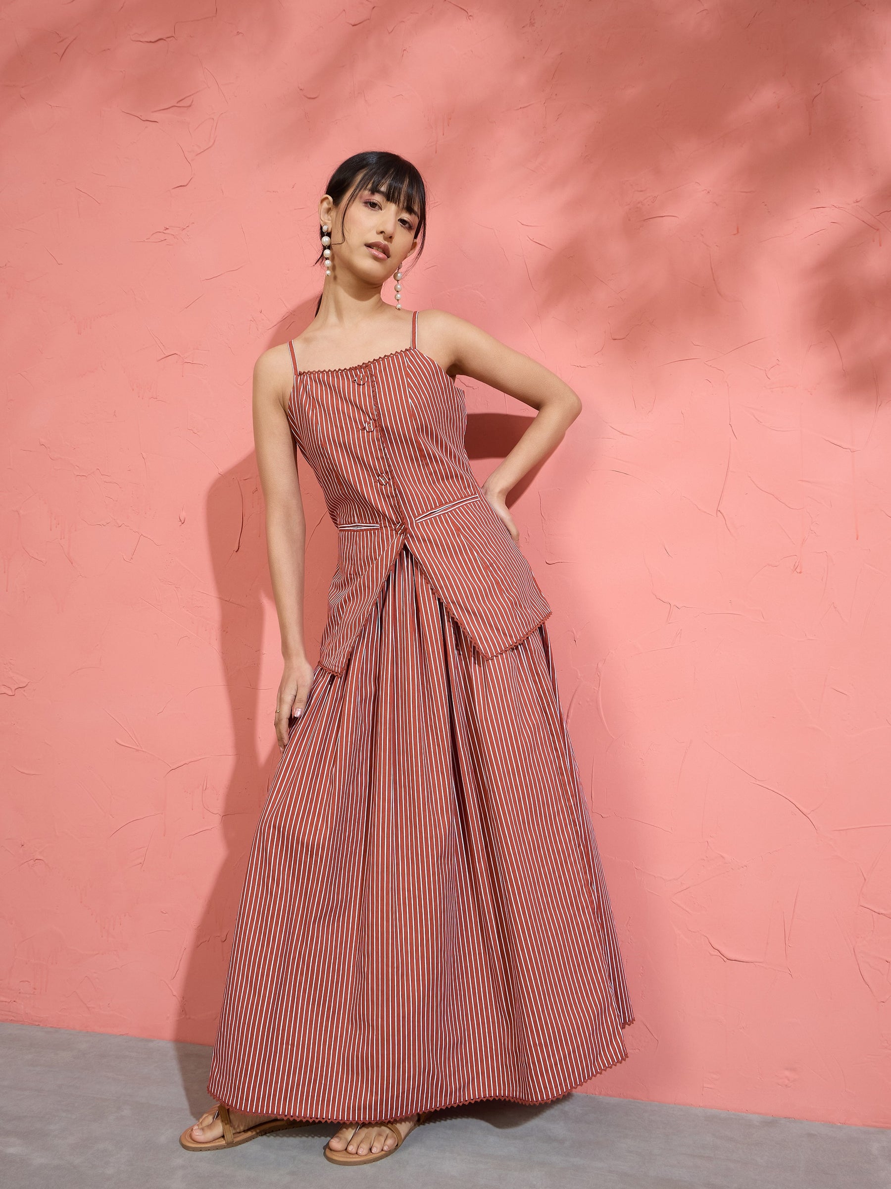 Women Brown Pin Stripe Strappy Vest Top With Gathered Skirt