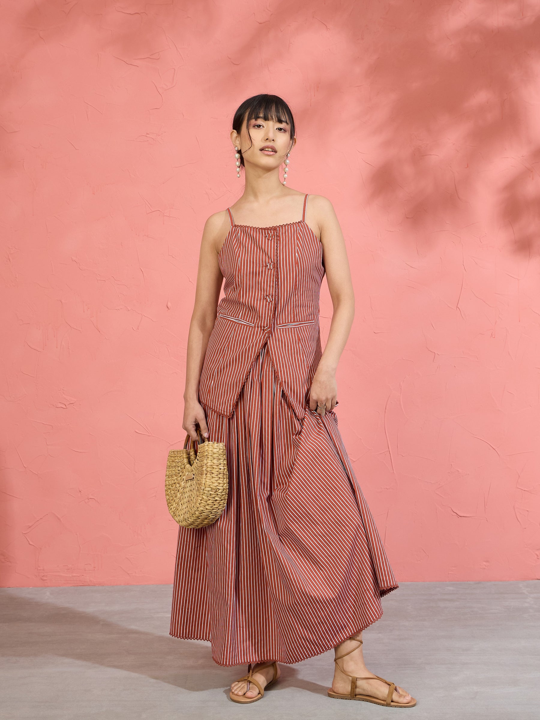 Women Brown Pin Stripe Strappy Vest Top With Gathered Skirt