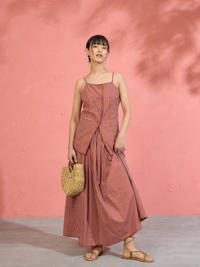 Women Brown Pin Stripe Strappy Vest Top With Gathered Skirt