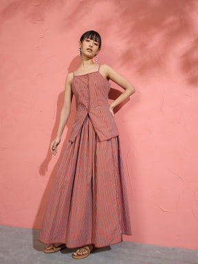 Women Brown Pin Stripe Strappy Vest Top With Gathered Skirt