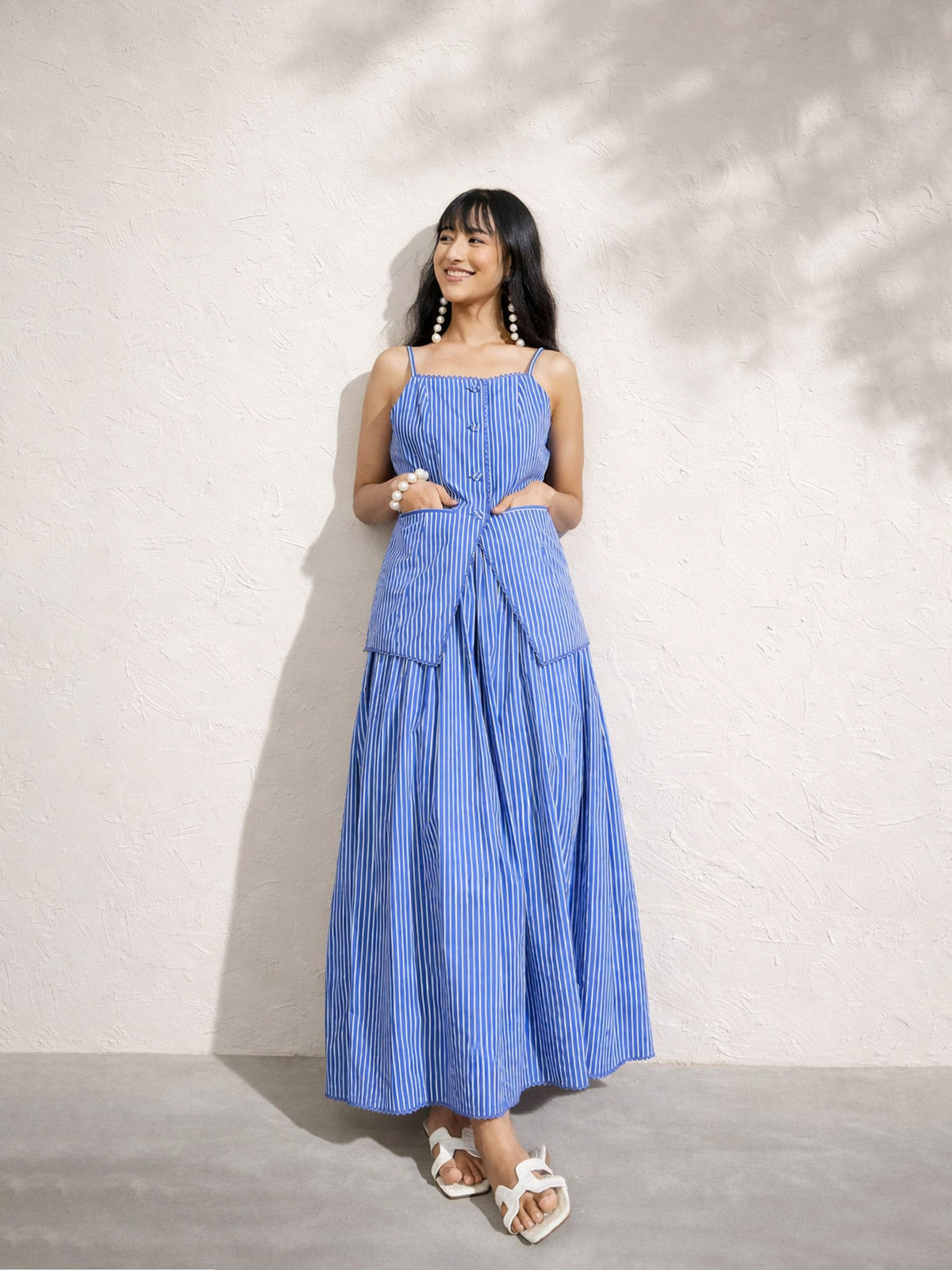 Blue Pin Stripe Strappy Vest Top With Gathered Skirt -Pink Paprika by SASSAFRAS