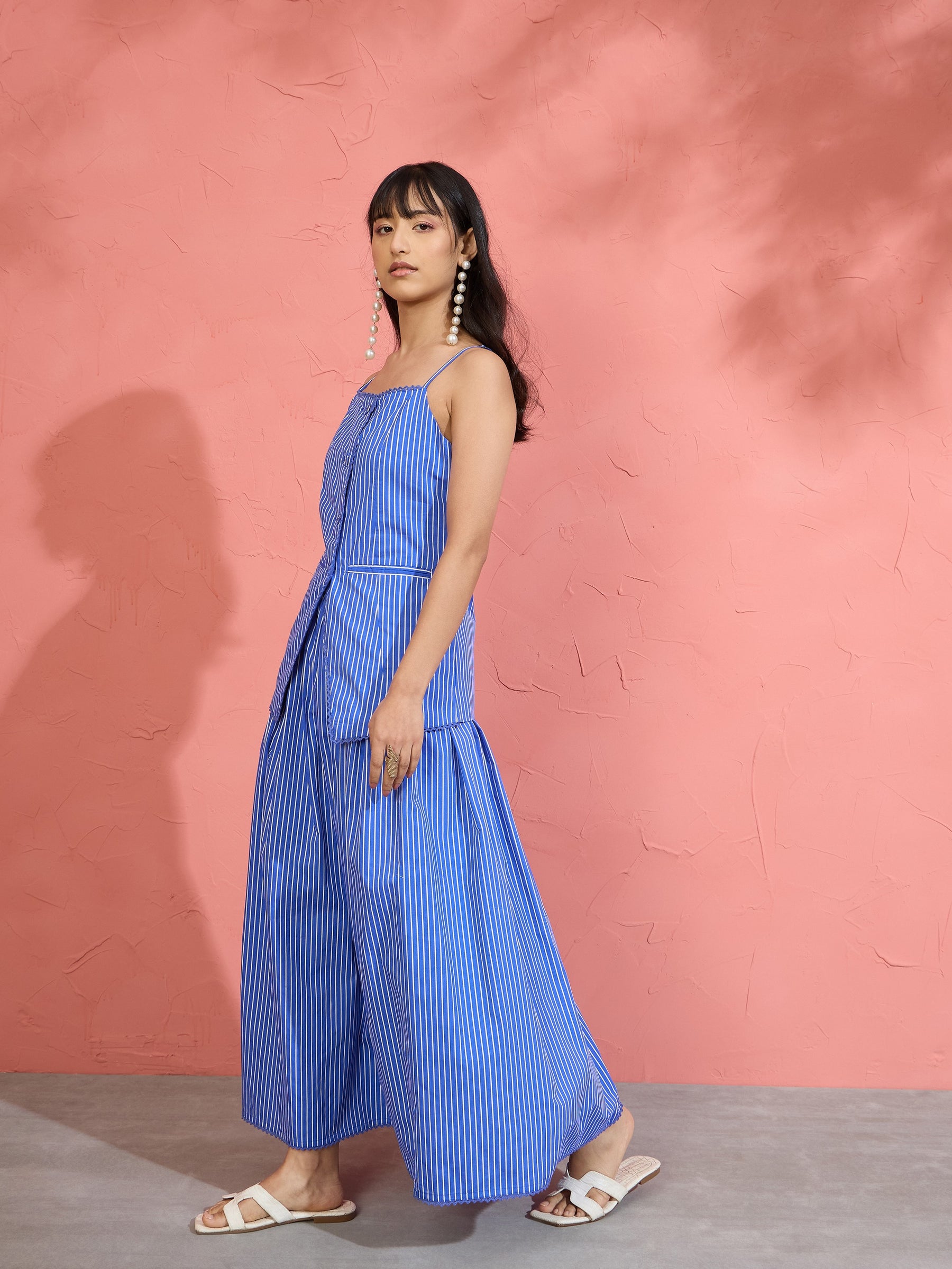 Blue Pin Stripe Strappy Vest Top With Gathered Skirt -Pink Paprika by SASSAFRAS