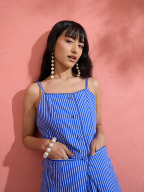 Blue Pin Stripe Strappy Vest Top With Gathered Skirt -Pink Paprika by SASSAFRAS