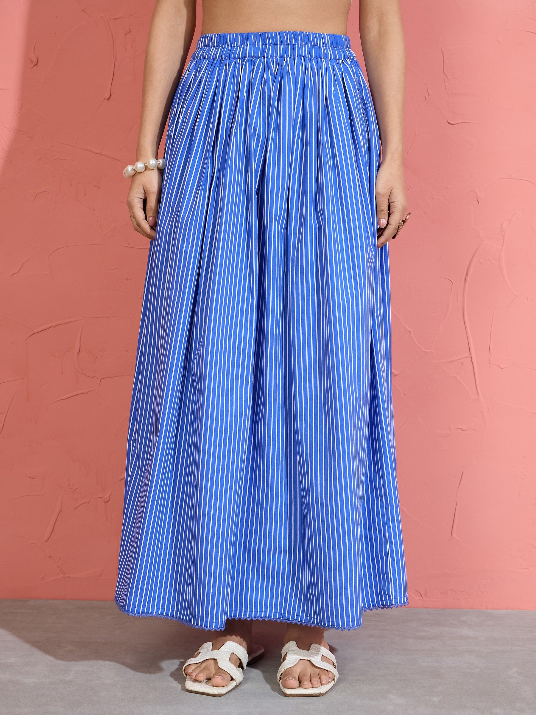 Women Blue Pin Stripe Strappy Vest Top With Gathered Skirt