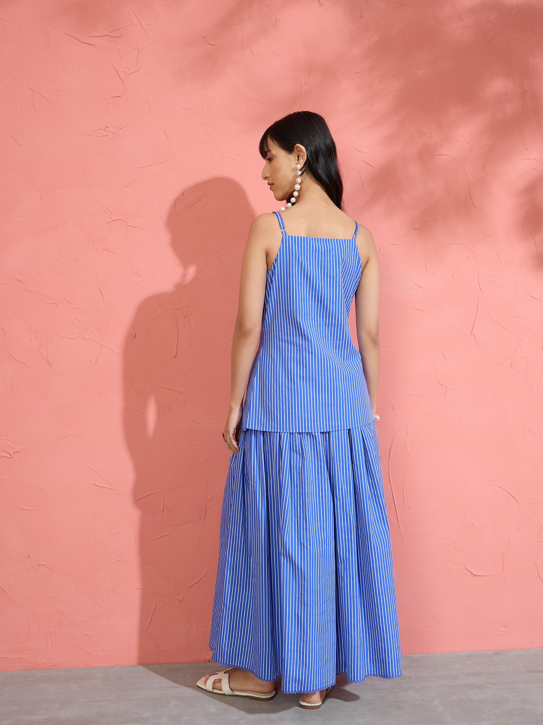 Women Blue Pin Stripe Strappy Vest Top With Gathered Skirt