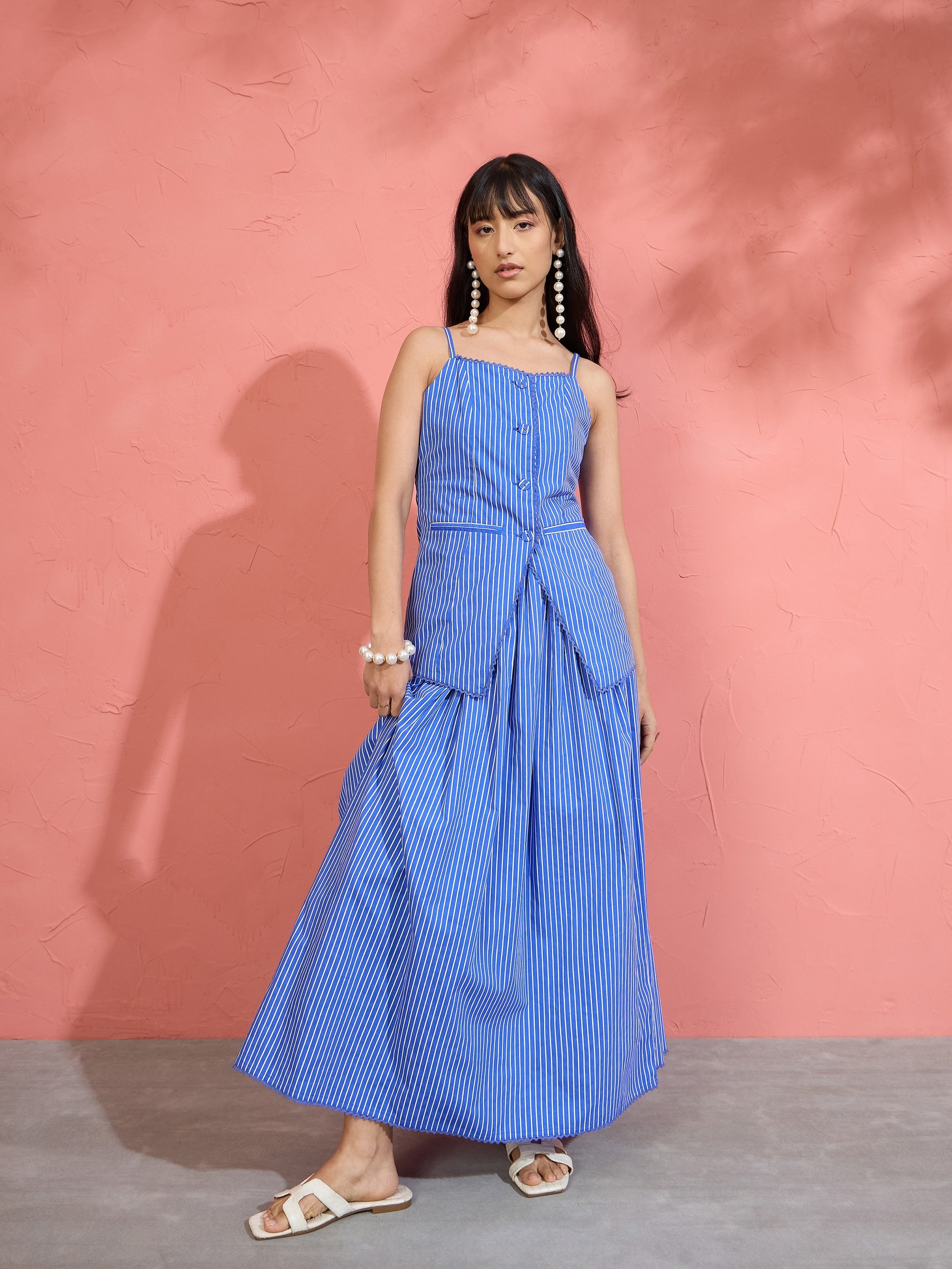 Women Blue Pin Stripe Strappy Vest Top With Gathered Skirt
