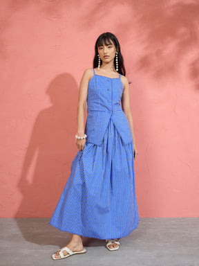 Women Blue Pin Stripe Strappy Vest Top With Gathered Skirt