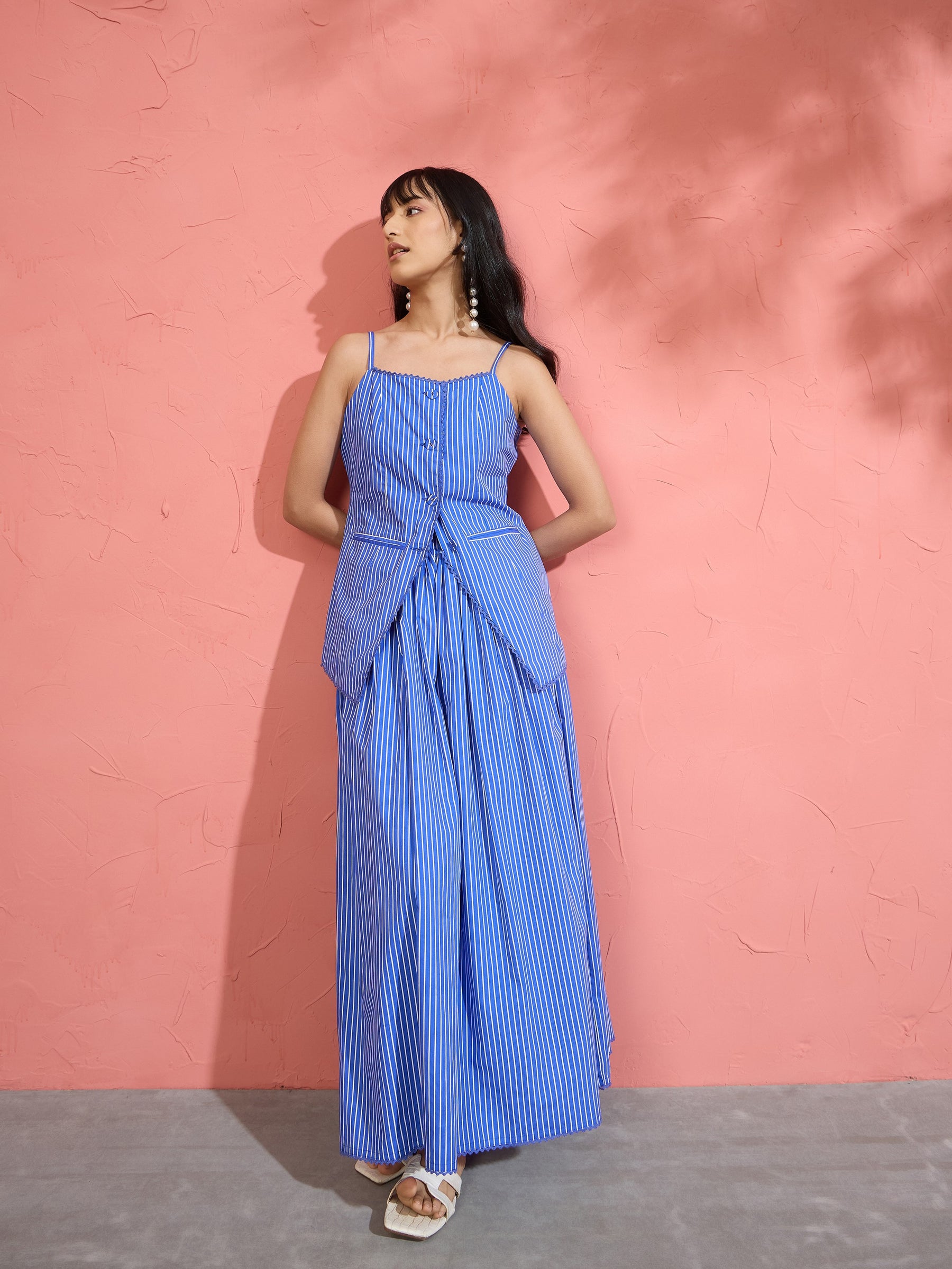 Women Blue Pin Stripe Strappy Vest Top With Gathered Skirt