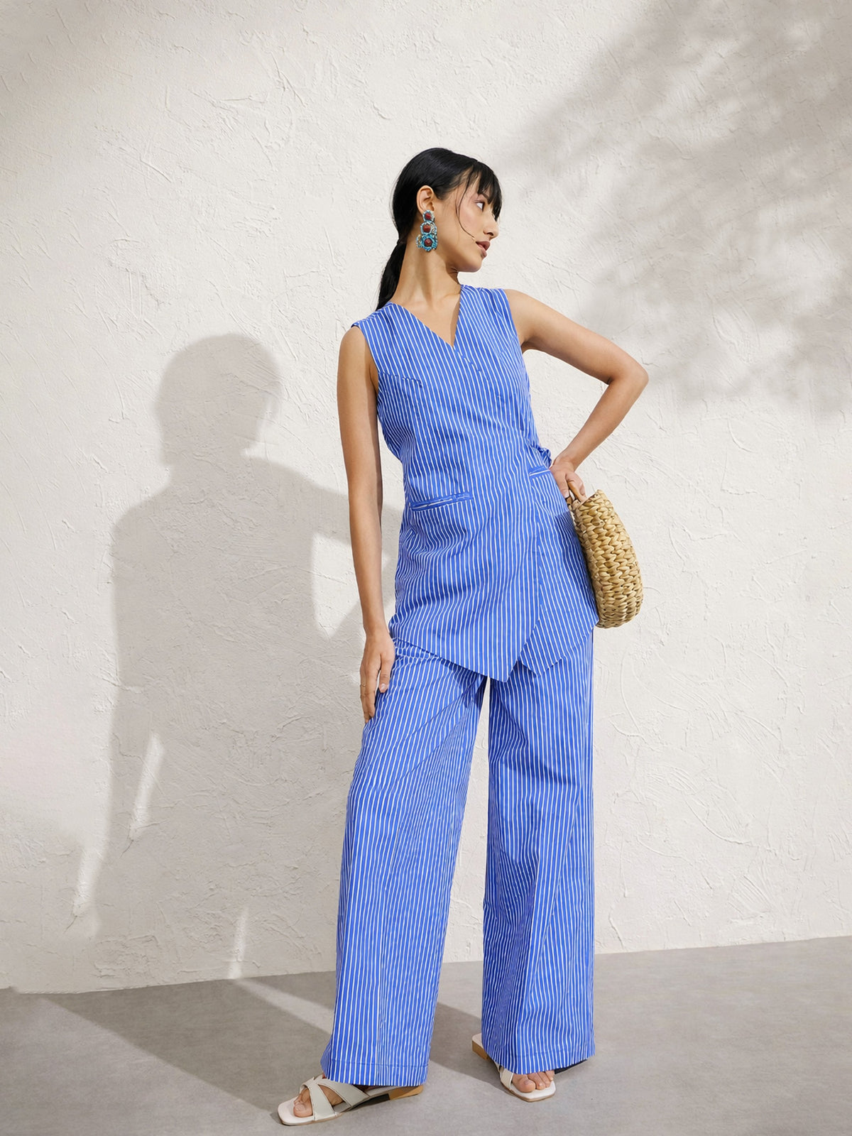 Blue Pin Stripe Wrap Vest With Pants-Pink Paprika by SASSAFRAS