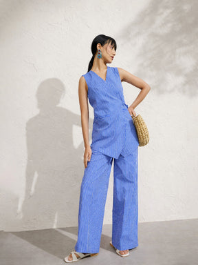 Blue Pin Stripe Wrap Vest With Pants-Pink Paprika by SASSAFRAS