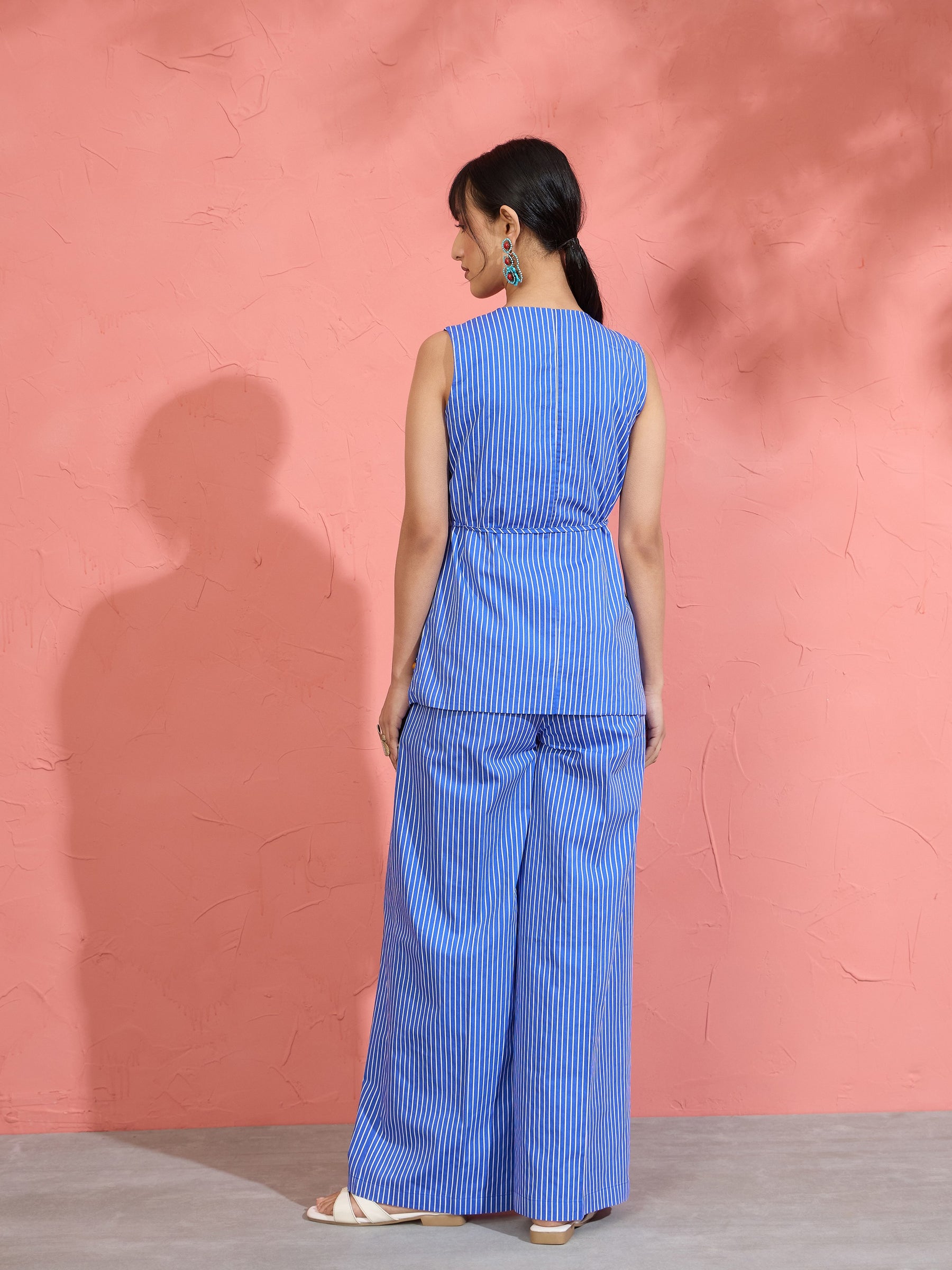 Women Blue Pin Stripe Wrap Vest With Pants