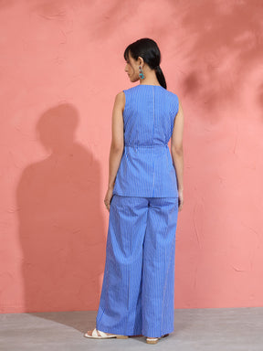 Women Blue Pin Stripe Wrap Vest With Pants