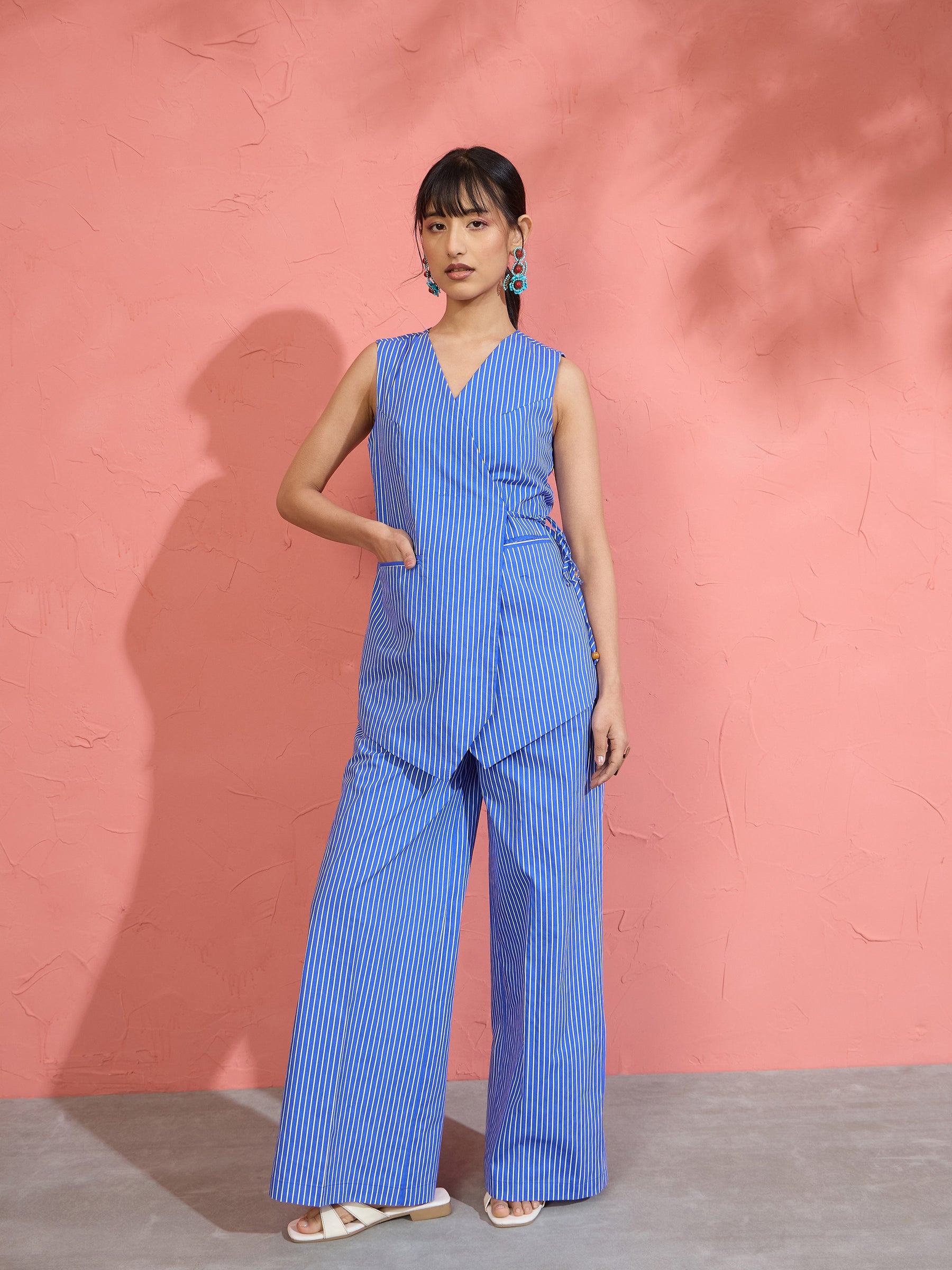 Women Blue Pin Stripe Wrap Vest With Pants