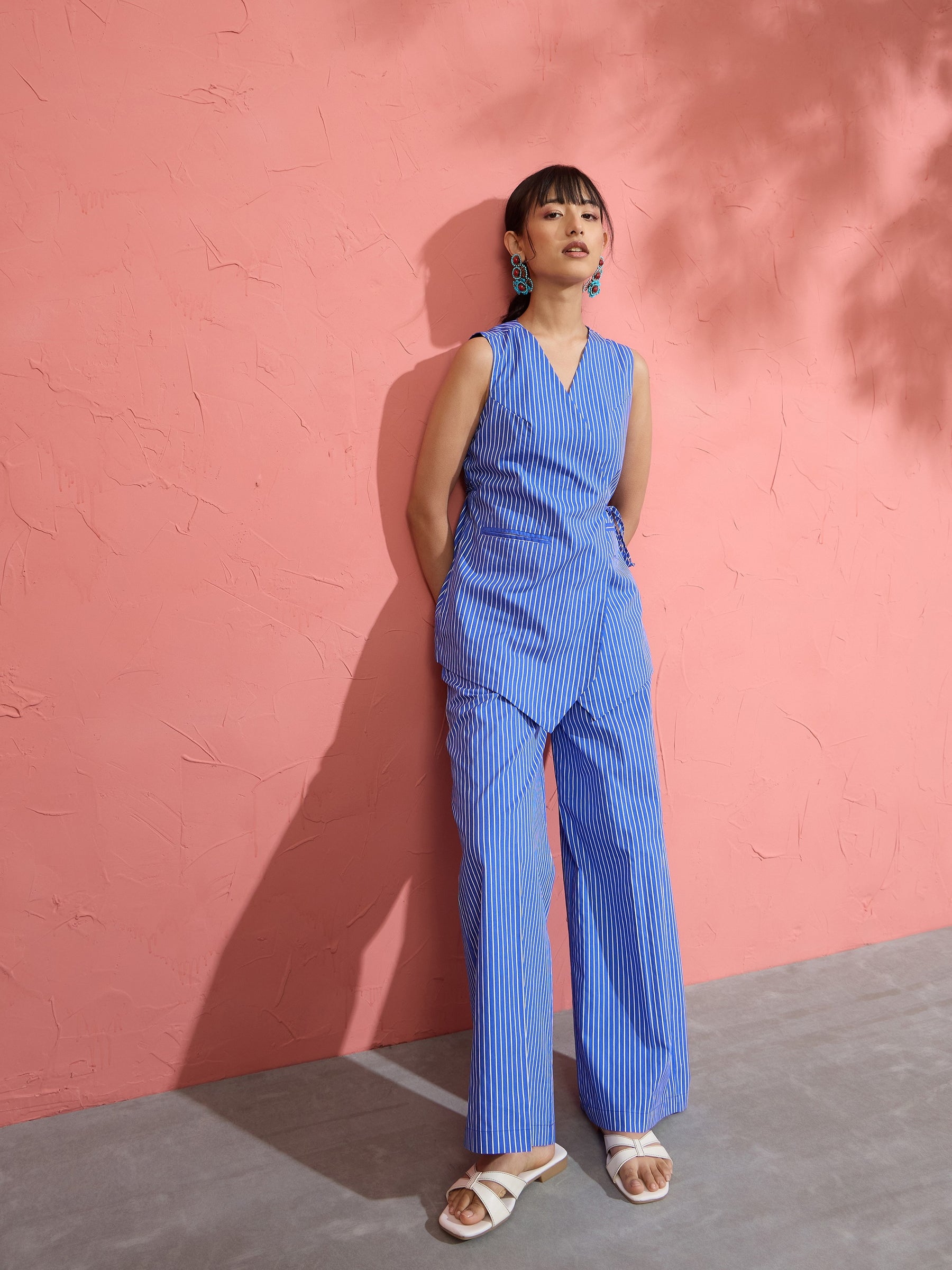 Women Blue Pin Stripe Wrap Vest With Pants