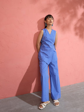 Women Blue Pin Stripe Wrap Vest With Pants