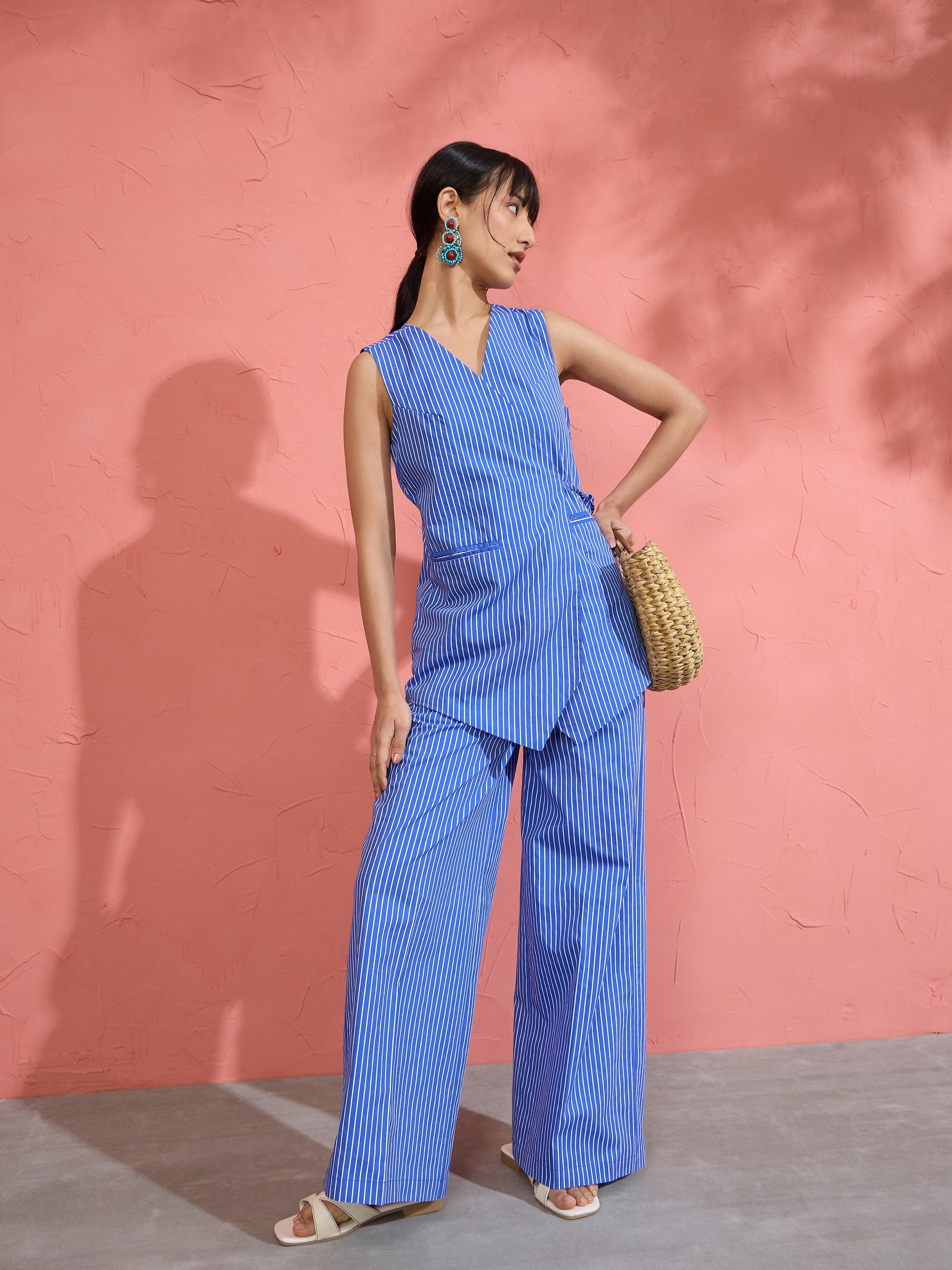 Women Blue Pin Stripe Wrap Vest With Pants