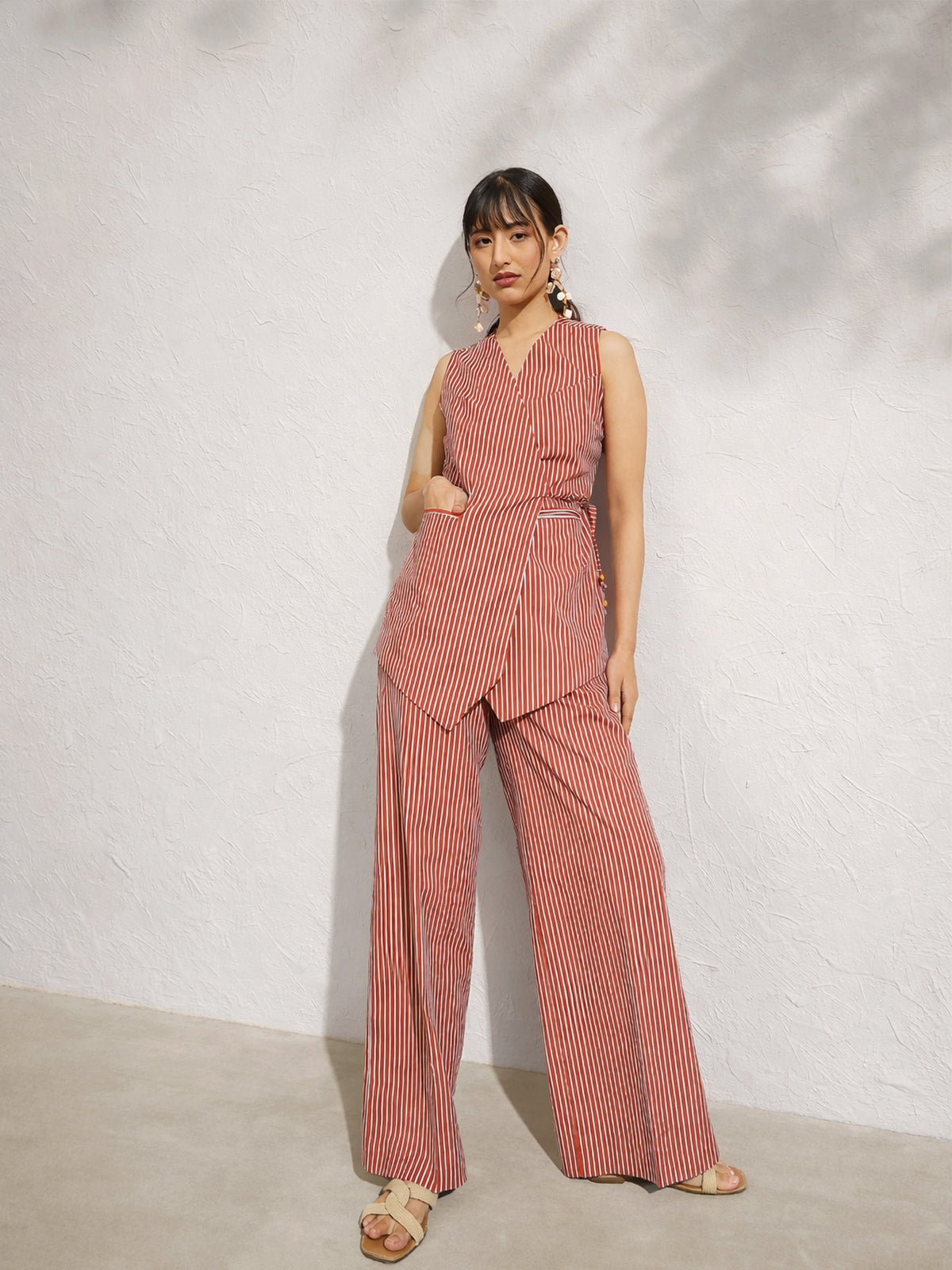 Brown Pin Stripe Wrap Vest With Pants-Pink Paprika by SASSAFRAS
