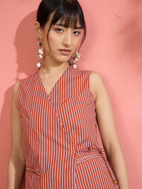 Brown Pin Stripe Wrap Vest With Pants-Pink Paprika by SASSAFRAS