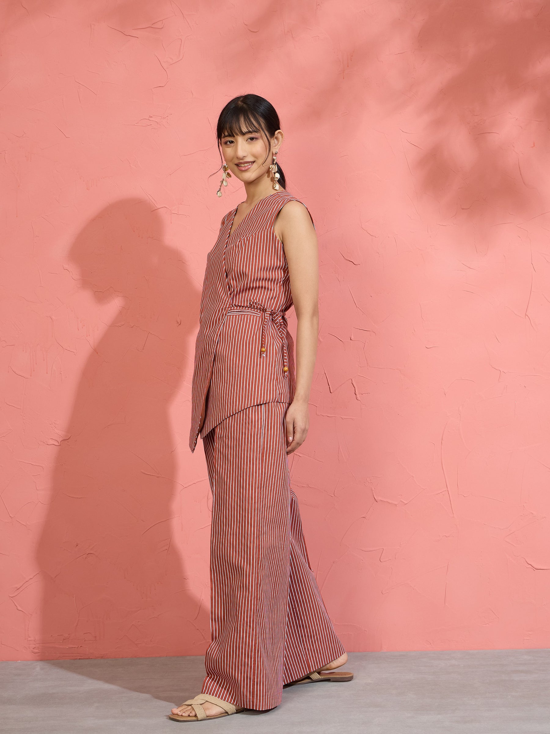 Brown Pin Stripe Wrap Vest With Pants-Pink Paprika by SASSAFRAS