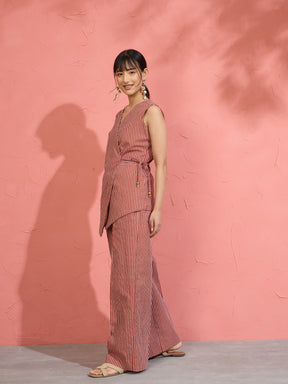 Brown Pin Stripe Wrap Vest With Pants-Pink Paprika by SASSAFRAS