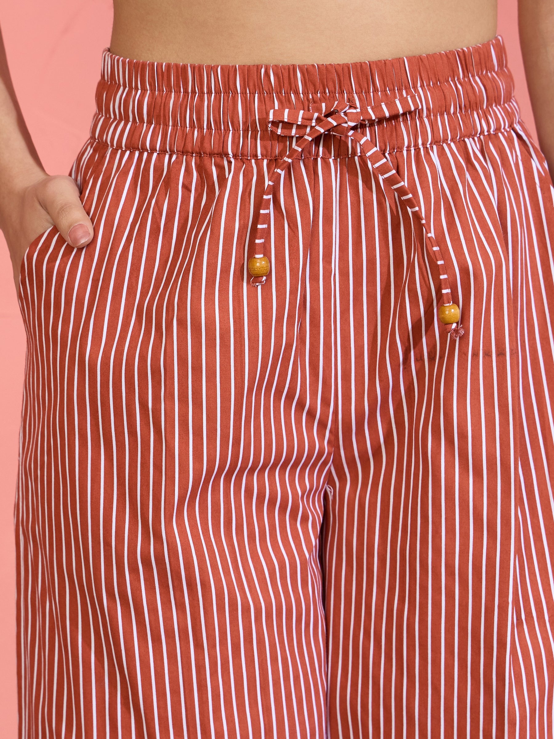Brown Pin Stripe Wrap Vest With Pants-Pink Paprika by SASSAFRAS