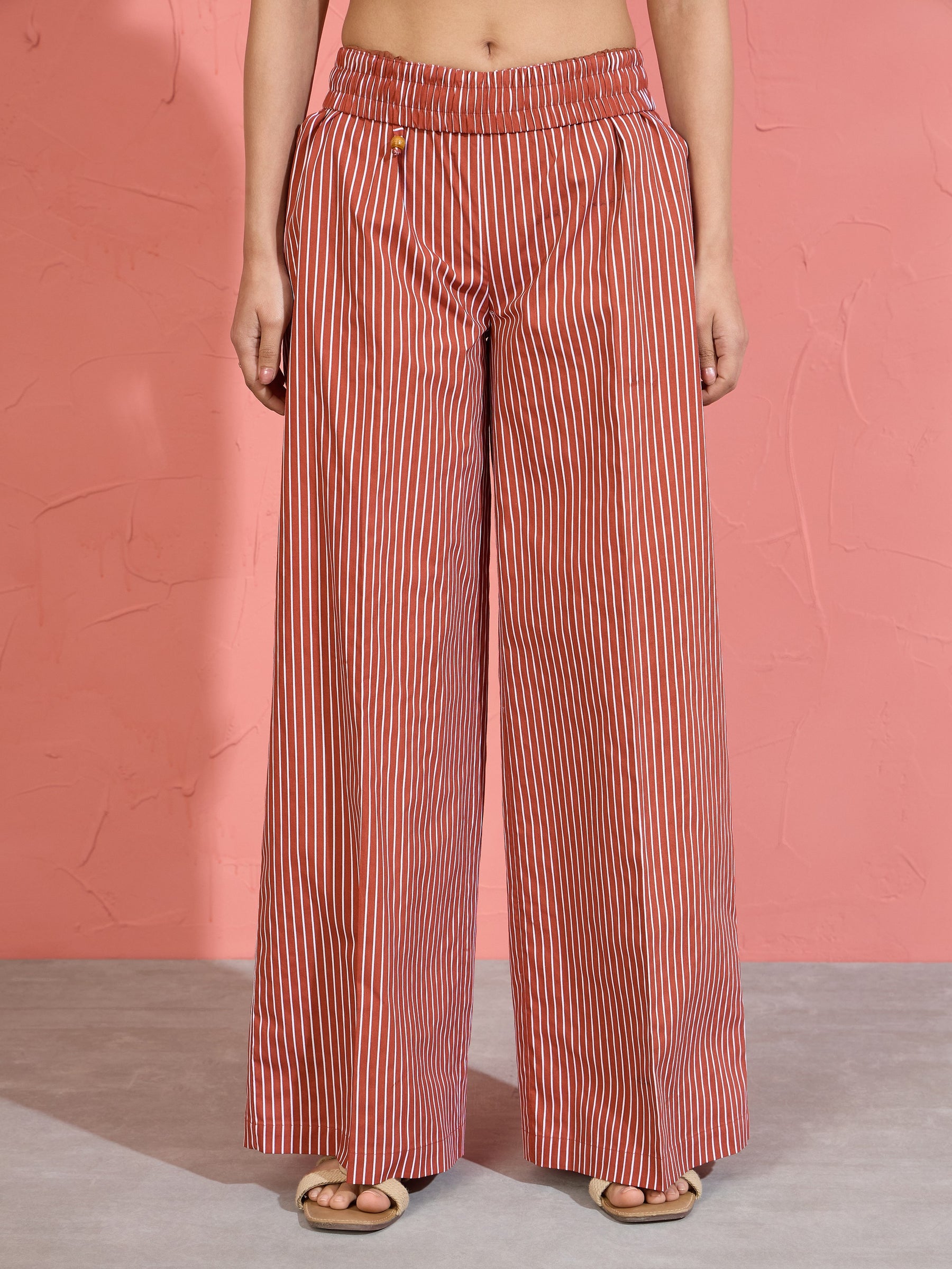 Women Brown Pin Stripe Wrap Vest With Pants