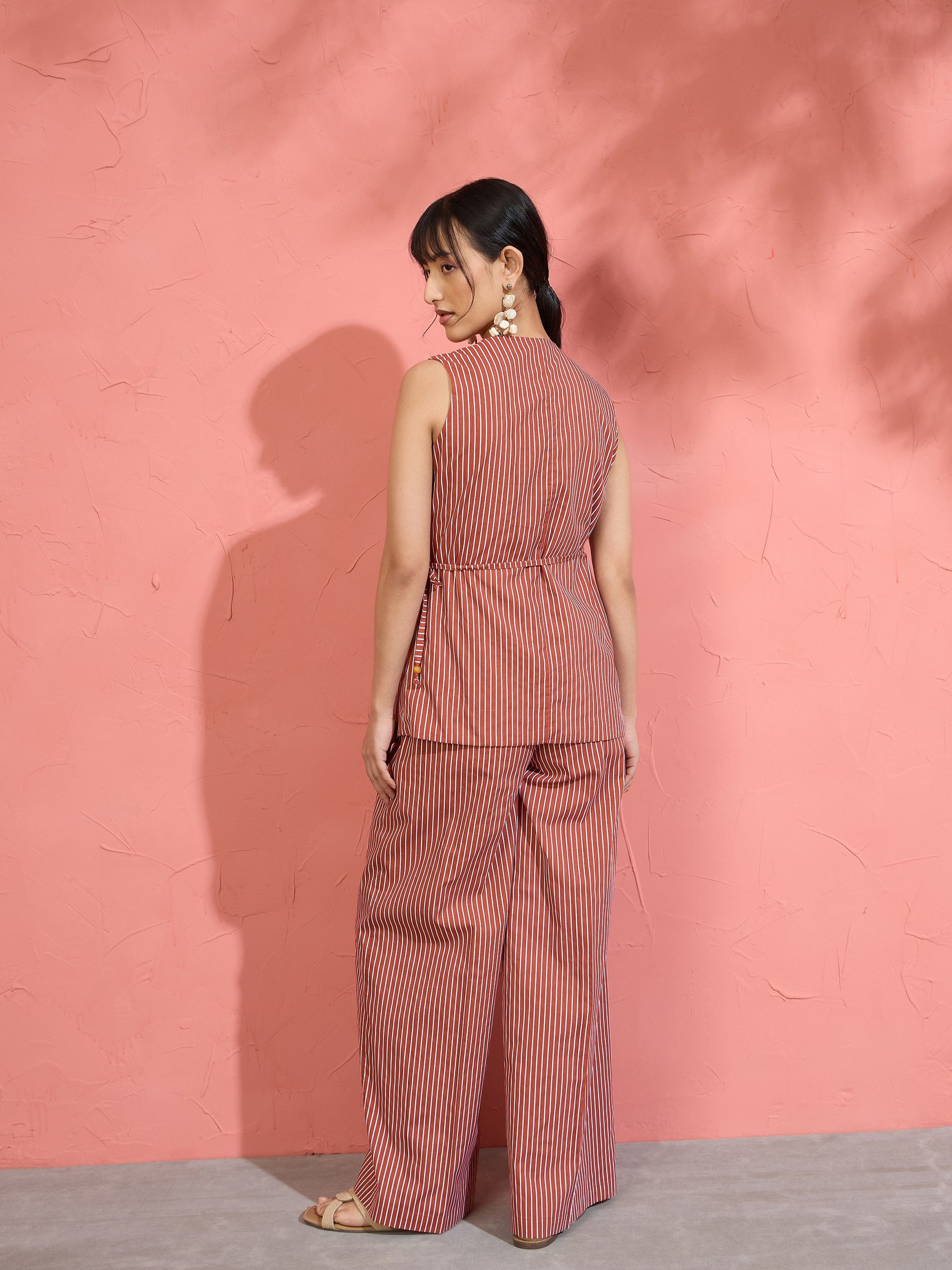 Women Brown Pin Stripe Wrap Vest With Pants