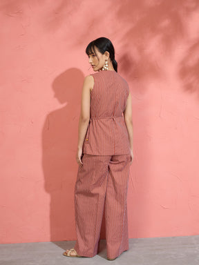 Women Brown Pin Stripe Wrap Vest With Pants