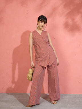 Women Brown Pin Stripe Wrap Vest With Pants