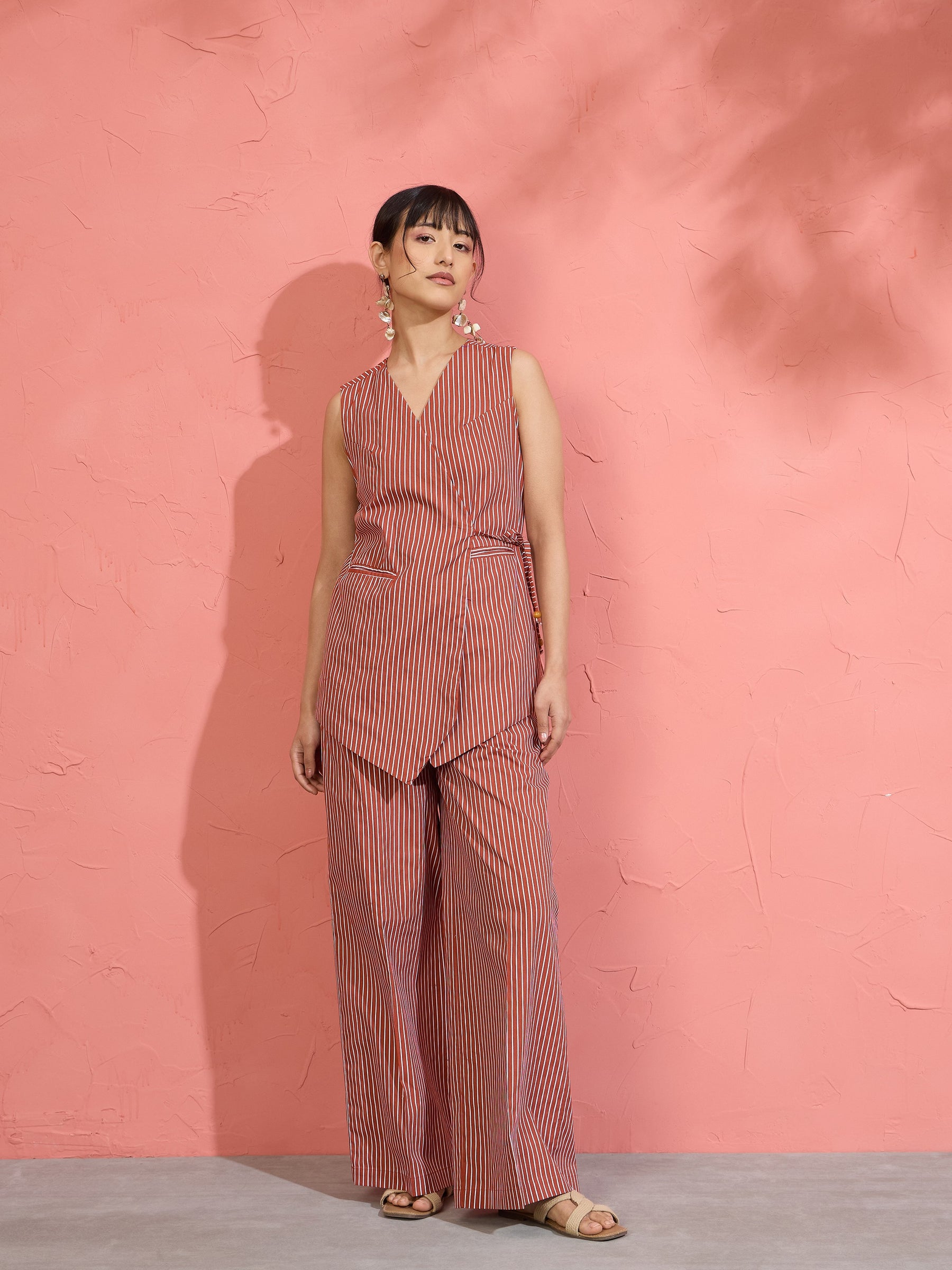 Women Brown Pin Stripe Wrap Vest With Pants