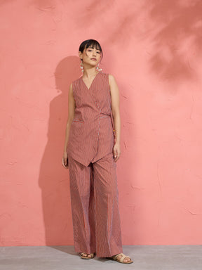 Women Brown Pin Stripe Wrap Vest With Pants